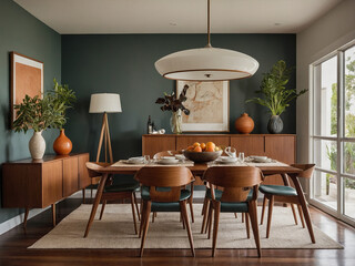 A mid-century modern dining room with emerald green walls, a rich mahogany dining table, and six...