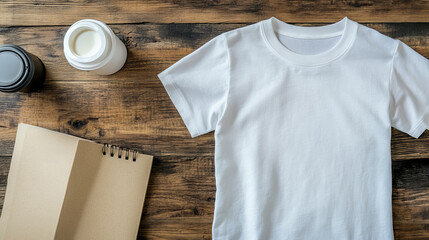 Mockup of a Crewneck Shirt Displayed on a Wooden Table with Additional Items