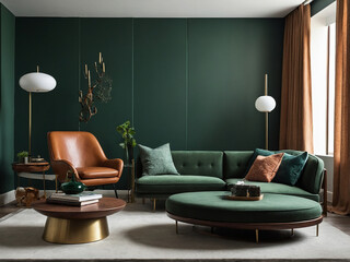 Stylish living room design featuring green accents modern furniture urban apartment interior decor...