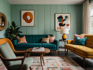 Modern living room design cozy home interior decor bright colors stylish furniture inviting...