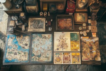 Antique maps, game pieces, and trinkets on a table.
