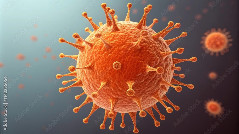 Poster a close-up image of a viral particle, showcasing its spiky surface and structure against a blurred b