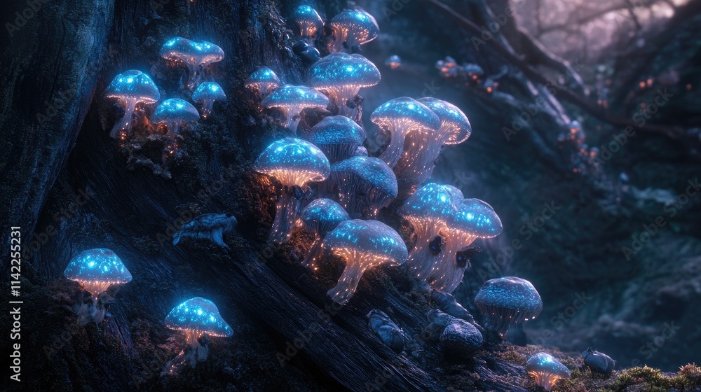 Poster a captivating image of bioluminescent mushrooms growing in clusters on a tree trunk, their luminous 