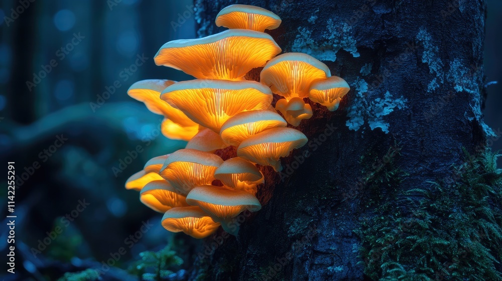 Poster a captivating image of bioluminescent mushrooms growing in clusters on a tree trunk, their luminous 