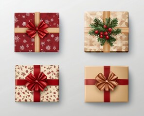 Christmas present boxes isolated on a transparent background, PNG file for graphic design elements template. Christmas gifts in red and beige colors with ribbons isolated on a white background, PNG cl
