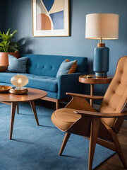A stylish mid-century living room with blue accents, retro furniture, cozy seating, and modern...