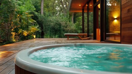 A modern jacuzzi nestled in a tranquil, natural setting with lush greenery, harmoniously blending indoor comfort with the serenity of the outdoor environment.