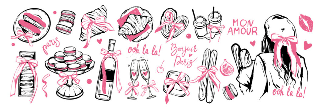 Romantic French eatery doodle set, vector Valentine day Paris date objects, wine bottle, glass, kiss. Coquettish dessert croissant hand drawn illustration, woman with baguette. French food doodle kit