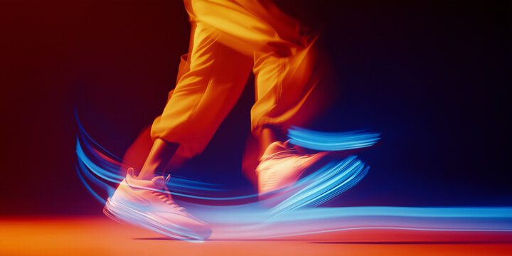 A close-up view captures a sneakers shoes hip-hop dancer in action, showcasing energetic movements and striking light effects