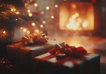Christmas presents under the tree, fireplace in the background, warm lighting, blurred background, close-up shot, bokeh effect, cinematic style, natural lighting, romantic, soft colors, cozy atmospher