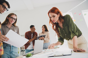 Photo of lovely young people teambuilding marketing strategy startup teambuilding comfortable...