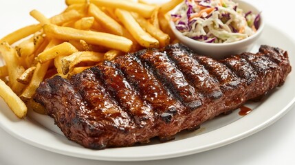A casual dining shot of a steak served with crispy French fries and a side of coleslaw, highlighting the comfort food aspect of the dish against a simple white background.