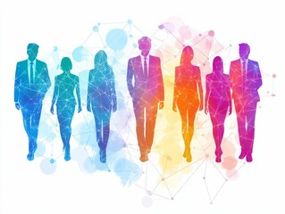 Colorful businesspeople silhouettes, interconnected network.