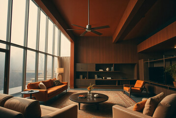 Fototapeta premium Modern living room design urban apartment interior photography cozy atmosphere wide angle contemporary style