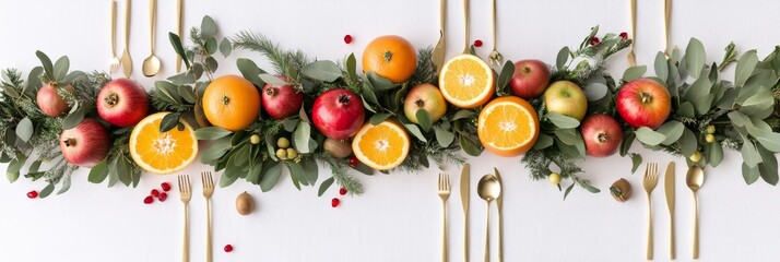 Christmas table centerpiece with oranges, apples, and pomegranates arranged in the shape of an arch on a white background, with greenery and gold cutlery around it, in a minimalist style, with a symme