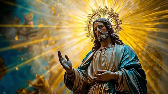 A detailed sculpture of Jesus Christ with a glowing halo and radiant golden background. Concept of Christian faith, spiritual reverence, and divine presence.