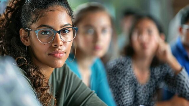 Young female student wearing glasses is listening attentively in a university lecture hall, fully engaged with classmates while absorbing valuable knowledge during the lesson