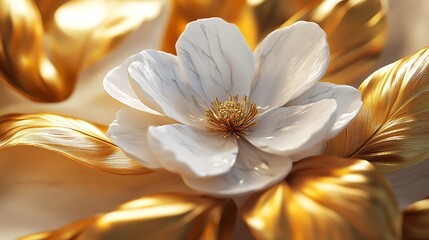 A close-up of a white marble flower sculpture surrounded by elegant golden petals