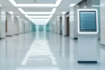 Health information kiosk in modern space high-resolution display informational environment sleek design