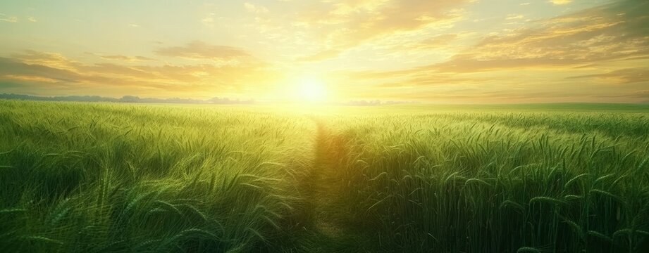 Sunset over a vast, vibrant green field with a sunlit path.