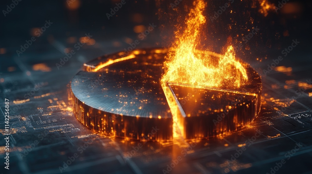 Poster a close-up of a 3d pie chart with metallic segments, highlighted by dynamic lighting, set against a 