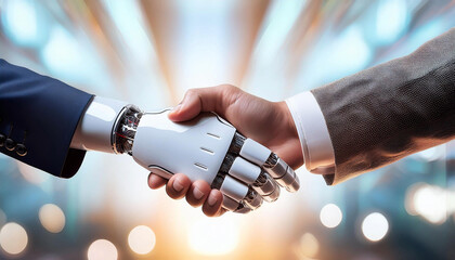 Male hand shaking hands with a robot hand in front of a beautiful background. Business between humans and technology. 