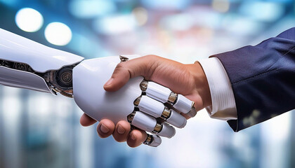 Male hand shaking hands with a robot hand in front of a beautiful background. Business between humans and technology. 