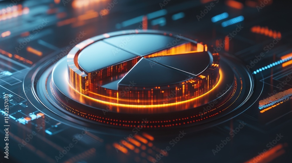 Poster a close-up of a 3d pie chart with metallic segments, highlighted by dynamic lighting, set against a 