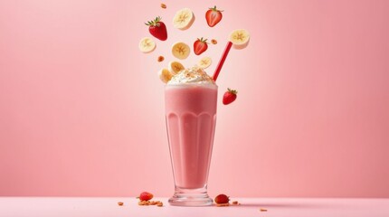 Strawberry Banana Milkshake with Flying Strawberry