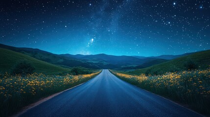 Fototapeta premium Starry Night Road Trip: Serene Journey Through Flower Fields and Majestic Mountains