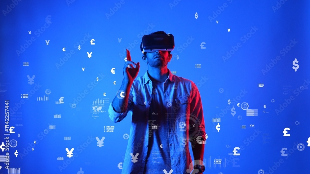 Poster skilled business man wearing vr glasses and casual cloth while looking at financial chart. project m