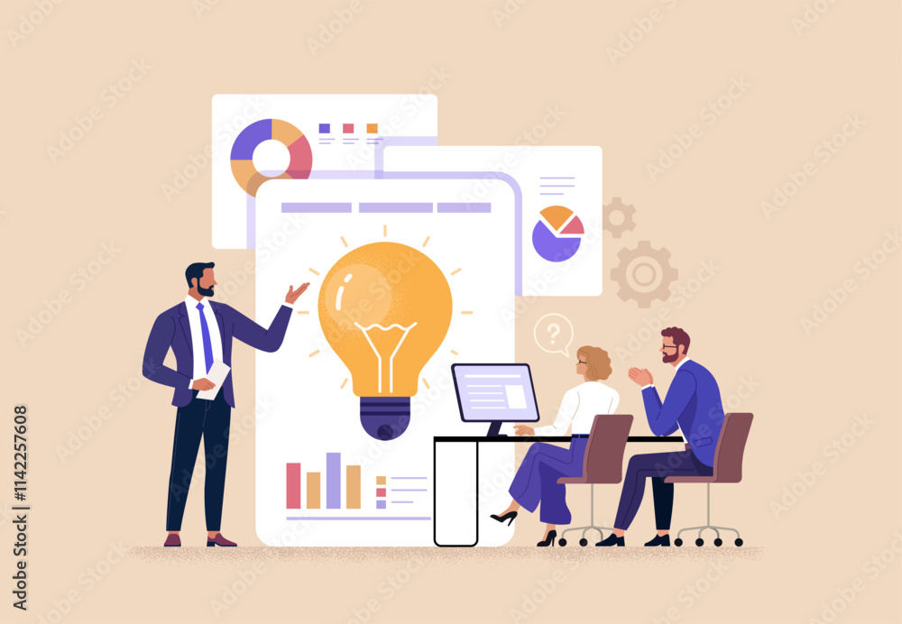 Poster Business Idea Presentation Concept. Vector cartoon illustration of an office worker presenting his idea with a board with a light bulb and graphs in front of his colleagues. Isolated on background 