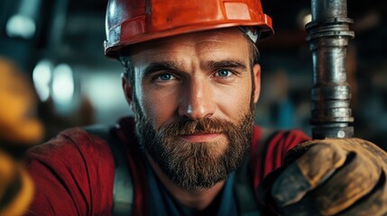 A focused technician in red work gear operates complex machinery, displaying concentration and skill, vital for industrial operations and technological advancements.