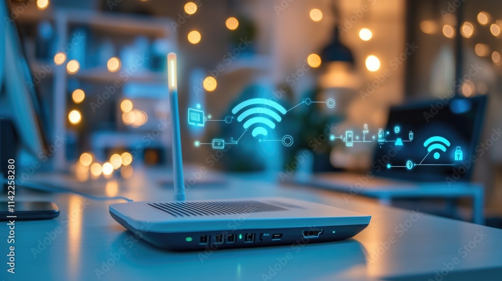 Poster a close-up of a wireless router with glowing lights, set against a backdrop of various connected dev