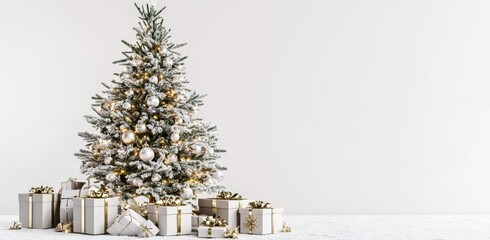 Christmas tree with presents isolated on a white background, 3D rendering, realism, white and gold colors, white background, 20K resolution, hyperrealistic, detailed. -
