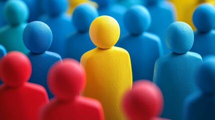 Unique yellow figure among blue, red figures.