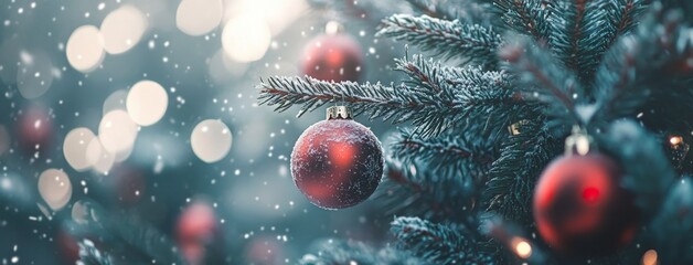 Christmas tree with red ornaments, snow falling, blurred background, festive atmosphere. Christmas decorations on pine branches. Close-up of the holiday decoration. Panoramic banner for a social media