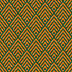 Green seamless pattern with orange rhombuses