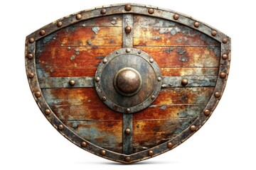 Rusty, worn, and scratched, this antique medieval shield stands isolated against a white background; its high-resolution detail speaks volumes of history.