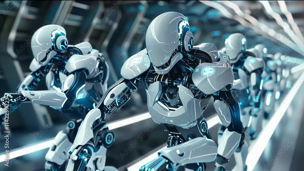 Poster advanced humanoid robots are sprinting through a high tech corridor, showcasing their agility and cu