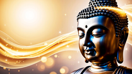 A close-up of a bronze Buddha statue, surrounded by a glowing golden aura., abstract background 