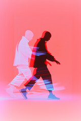 Hip-hop dancer, dynamic abstract composition of dual silhouettes with vibrant pink, red, and blue tones, blending movement and contrast in a bold contemporary graphic design