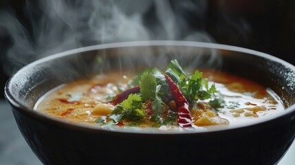 A close-up shot of a steaming bowl of tom yum soup, garnished with fresh herbs and chili, highlighting the rich colors and textures that make this dish a Thai favorite.