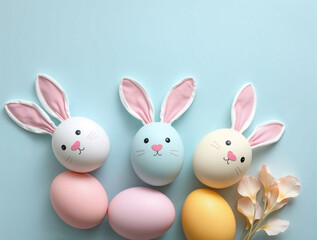 Easter celebration with bunny-themed eggs spring colors creative craft ideas festive atmosphere flat lay view