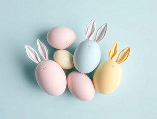 Colorful easter eggs with bunny ears spring season decorative arrangement pastel colors overhead view festive celebration