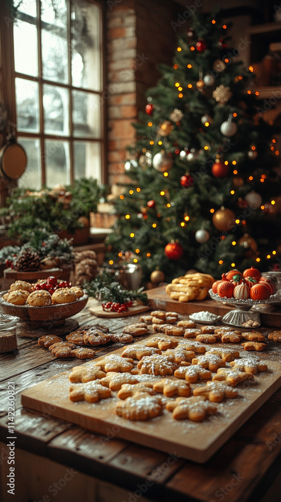 Poster cozy kitchen scene with freshly baked gingerbread cookies, a decorated Christmas tree in the background, ideal for a warm, inviting smartphone wallpaper