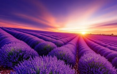 Fototapeta premium Vibrant sunset over rows of blooming purple lavender fields. (1)