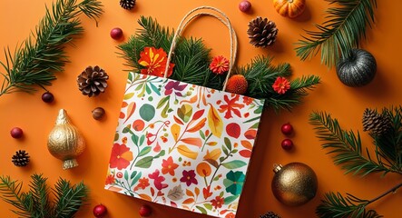 colorful seasonal paper bag on orange background