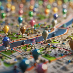 city map with Pin Pointers 3d rendering image -