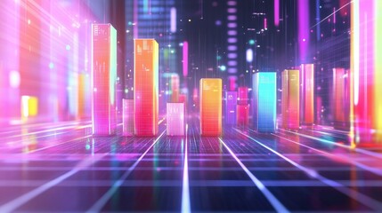A colorful 3D bar chart with each bar labeled by percentage, floating above a high-tech surface, surrounded by digital data points and futuristic grids.